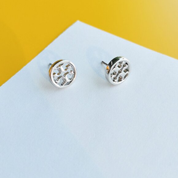 Miller Silver Logo Circle Stud Earrings by Tory Burch - Picture 1 of 3